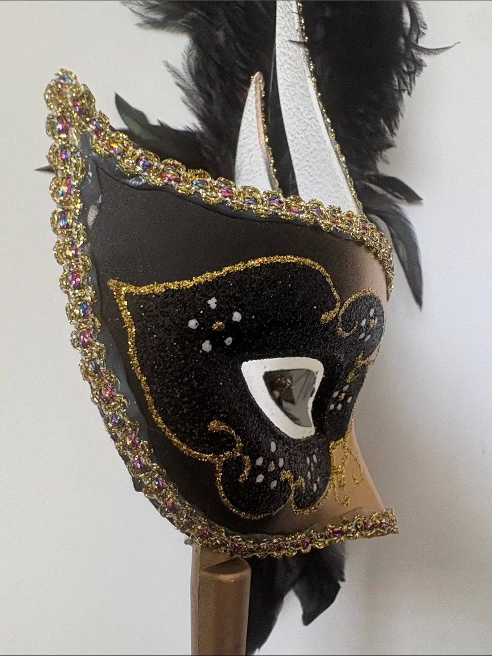 Gold and Black Feathered Venetian Handheld Mask